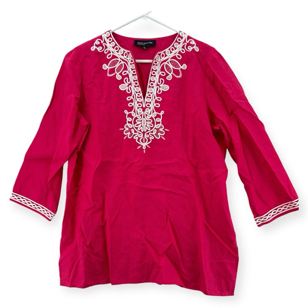 Jones New York Top Womens Large Embroidered Lace Front‎ 3/4 Sleeve Pink Blouse